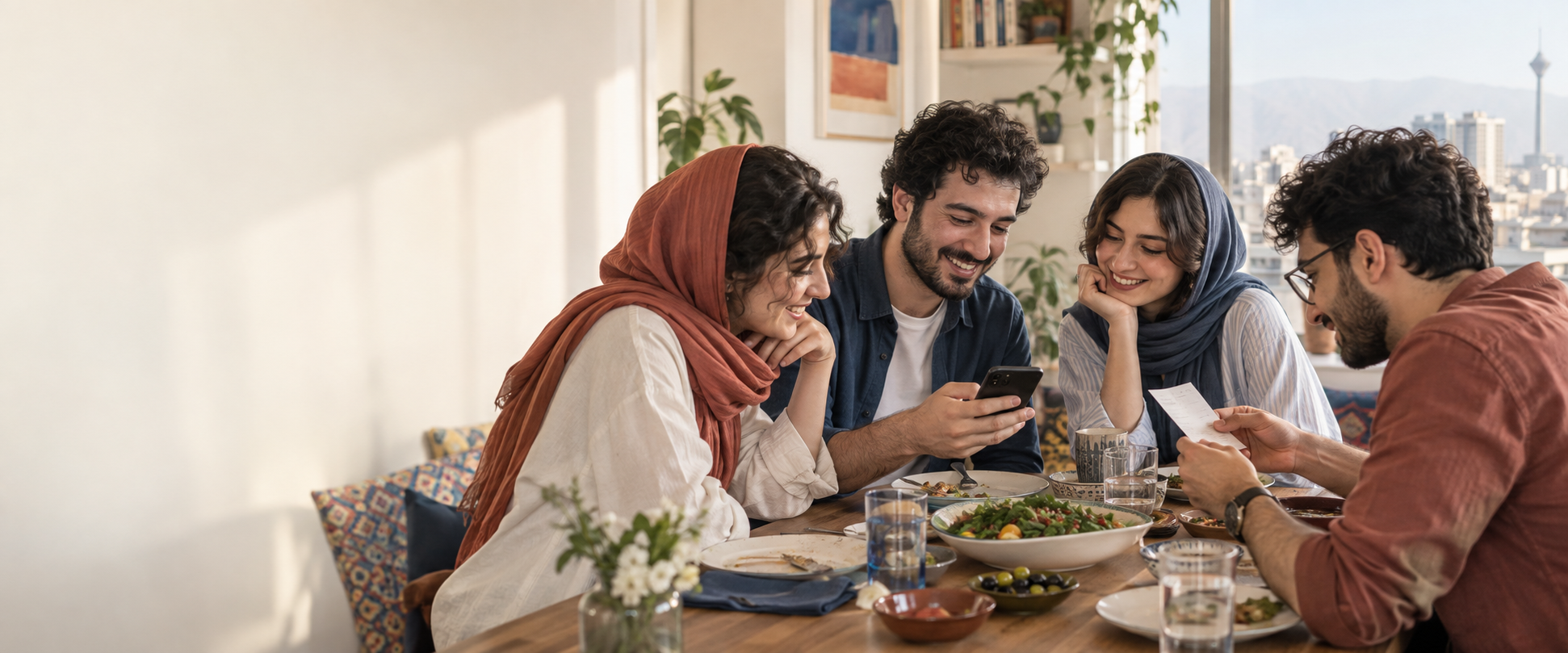 دوستانی در یک دورهمی که هزینههای سفر را با واریکان مدیریت میکنند